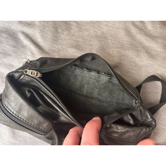 Vintage Leather Studded Belt Bag Unisex Zipper Pockets Travel Bag Black - Picture 7 of 9